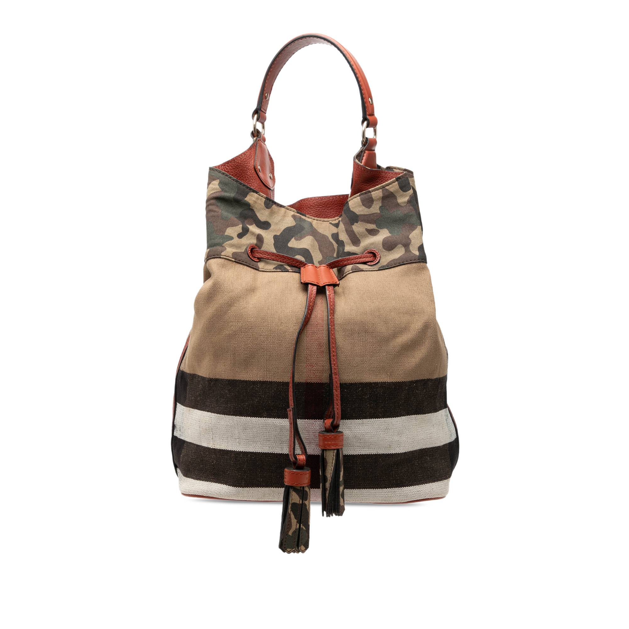 Pre-Loved Burberry Mega Check Canvas Camouflage Susanna Tassel Bucket Bag